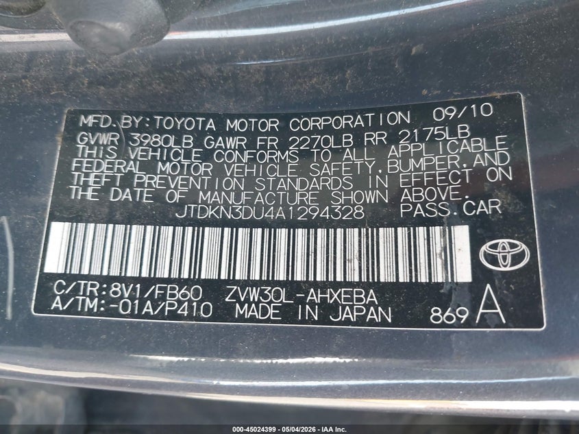 2010 Toyota Prius VIN JTDKN3DU4A1294328 IAAI salvage auction — FRONT END, Salvage (Texas), sold $1,750 on 2026-07-16 (photo 9)