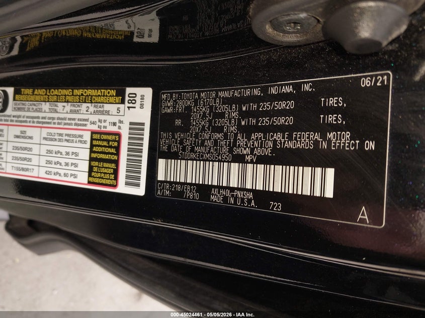 2021 Toyota Sienna VIN 5TDDRKECXMS054950 IAAI salvage auction — FRONT END, Salvage (California), sold $13,000 on 2026-07-29 (photo 9)