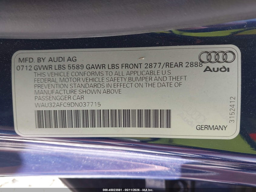 2013 Audi S7 VIN WAU32AFC9DN037715 IAAI salvage auction — RIGHT FRONT, Bill Of Sale (Washington), sold $2,600 on 2026-07-30 (photo 9)