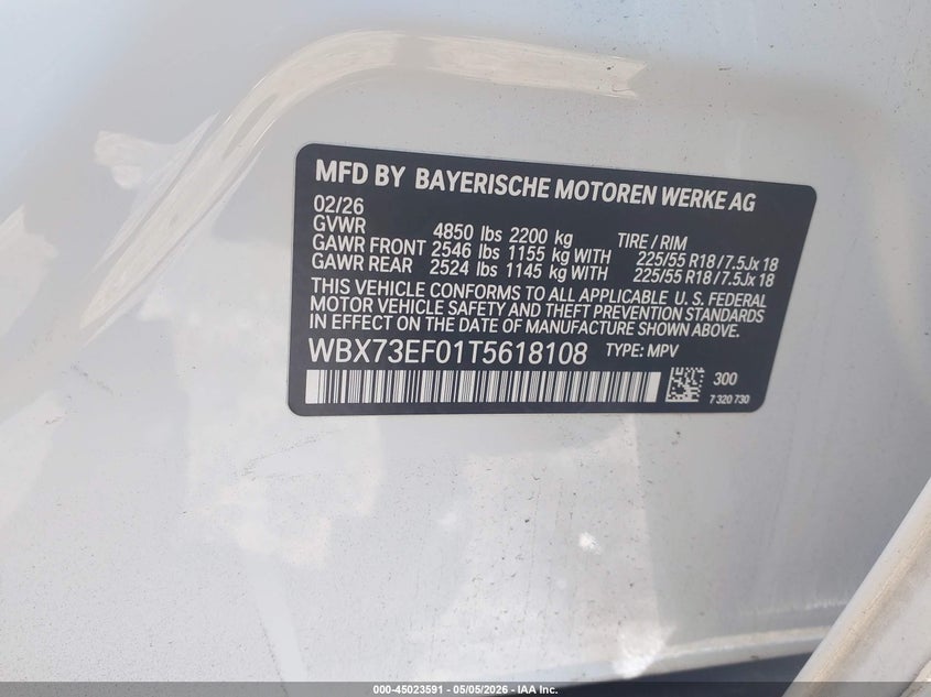 2026 BMW X1 VIN WBX73EF01T5618108 IAAI salvage auction — RIGHT FRONT, Salvage Title, sold $18,800 on 2026-07-12 (photo 9)