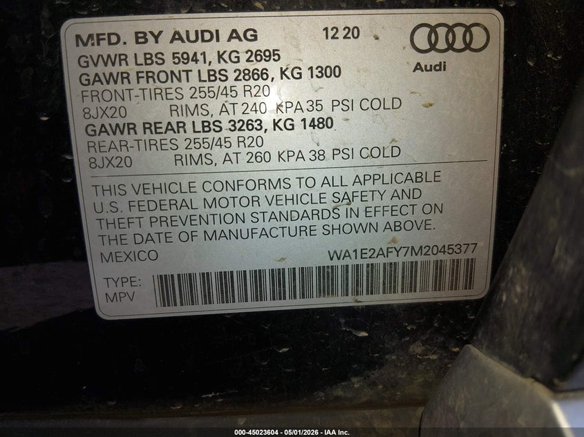 2021 Audi Q5 VIN WA1E2AFY7M2045377 IAAI salvage auction — UNKNOWN, Salvage Title, sold $9,000 on 2026-08-28 (photo 9)