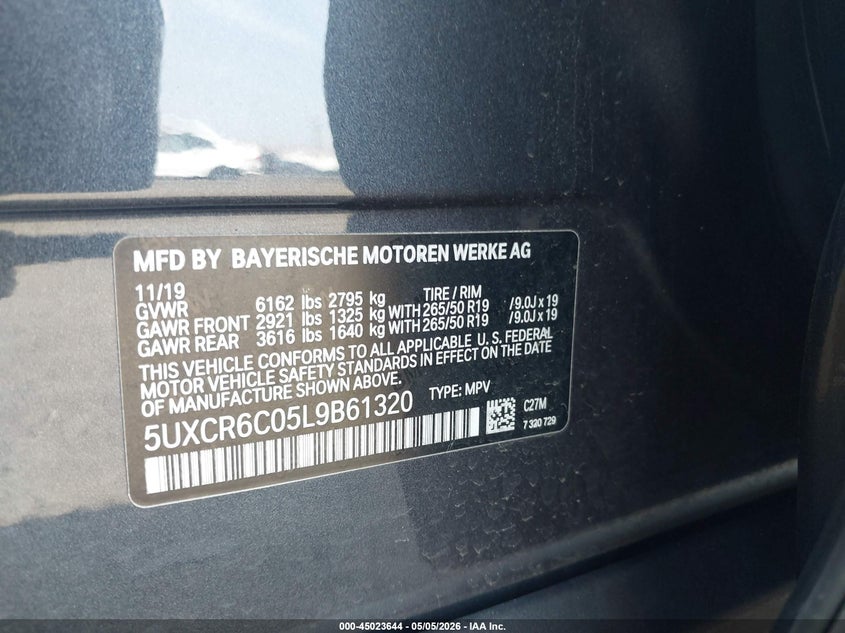 2020 BMW X5 VIN 5UXCR6C05L9B61320 IAAI salvage auction — FRONT END, Salvage (New Jersey), sold $16,550 on 2026-07-06 (photo 9)