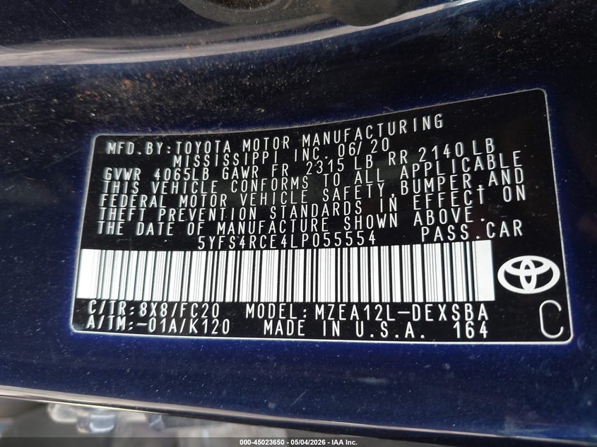 2020 Toyota Corolla VIN 5YFS4RCE4LP055554 IAAI salvage auction — FRONT END, Original (Texas), sold $3,150 on 2026-07-30 (photo 9)