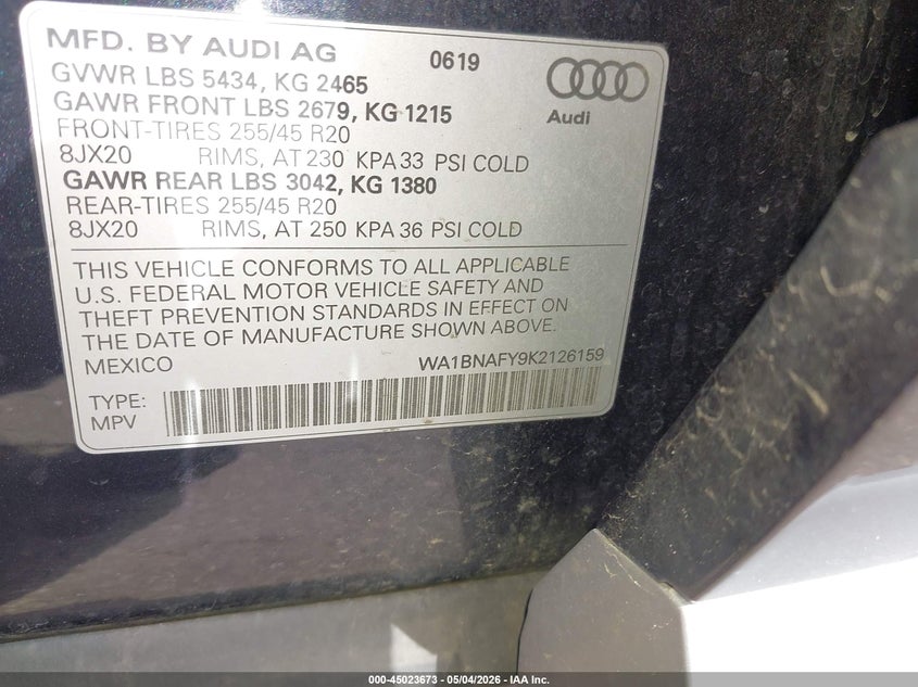 2019 Audi Q5 VIN WA1BNAFY9K2126159 IAAI salvage auction — REAR END, Salvage (Minnesota), sold $7,900 on 2026-07-29 (photo 9)
