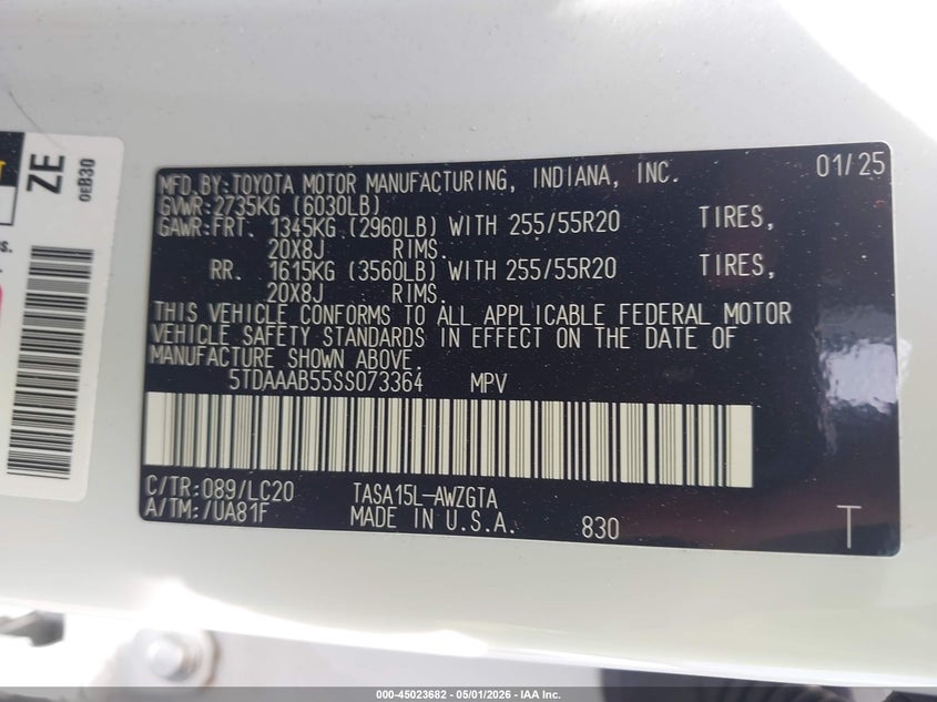 2025 Toyota Highlander VIN 5TDAAAB55SS073364 IAAI salvage auction — REAR END, Wait Title, sold $18,200 on 2026-07-30 (photo 9)
