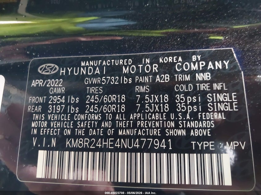2022 Hyundai Palisade VIN KM8R24HE4NU477941 IAAI salvage auction — HAIL, Salvage Title, sold $6,275 on 2026-07-27 (photo 9)