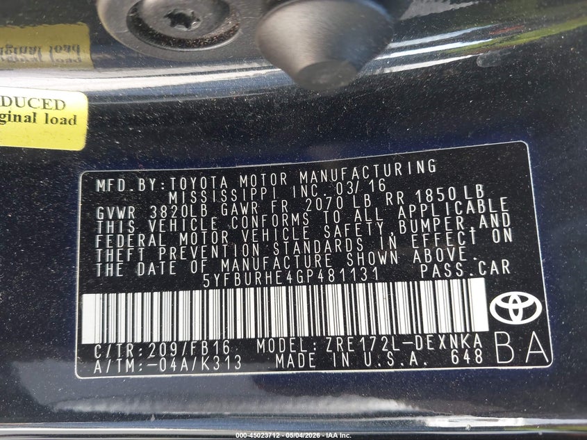 2016 Toyota Corolla VIN 5YFBURHE4GP481131 IAAI salvage auction — FRONT END, Salvage (Texas), sold $2,450 on 2026-07-24 (photo 9)