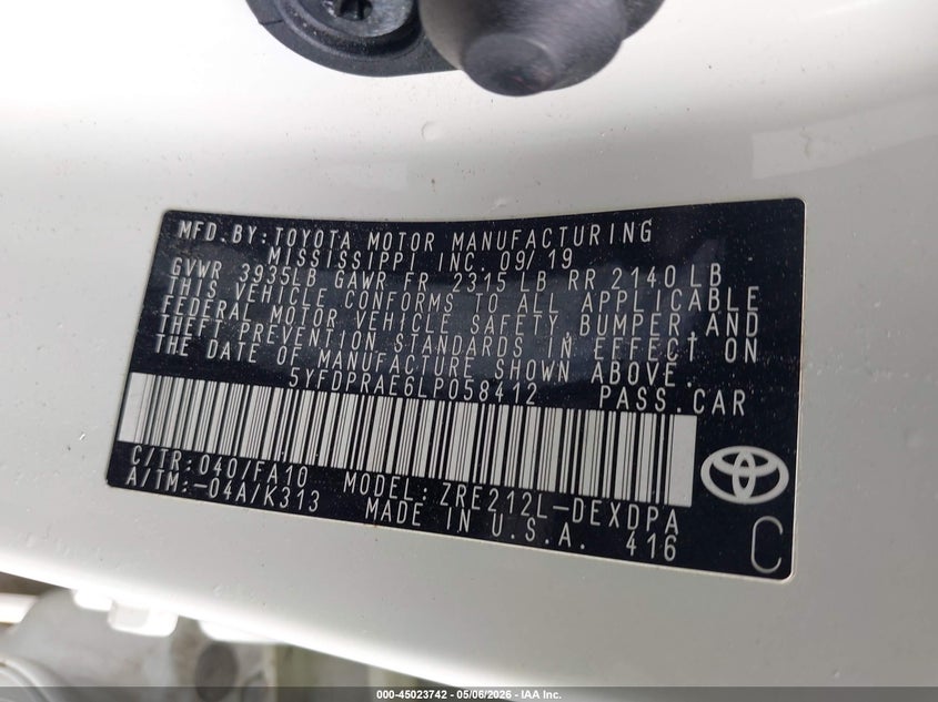 2020 Toyota Corolla VIN 5YFDPRAE6LP058412 IAAI salvage auction — FRONT END, Salvage (Indiana), sold $2,950 on 2026-07-15 (photo 9)
