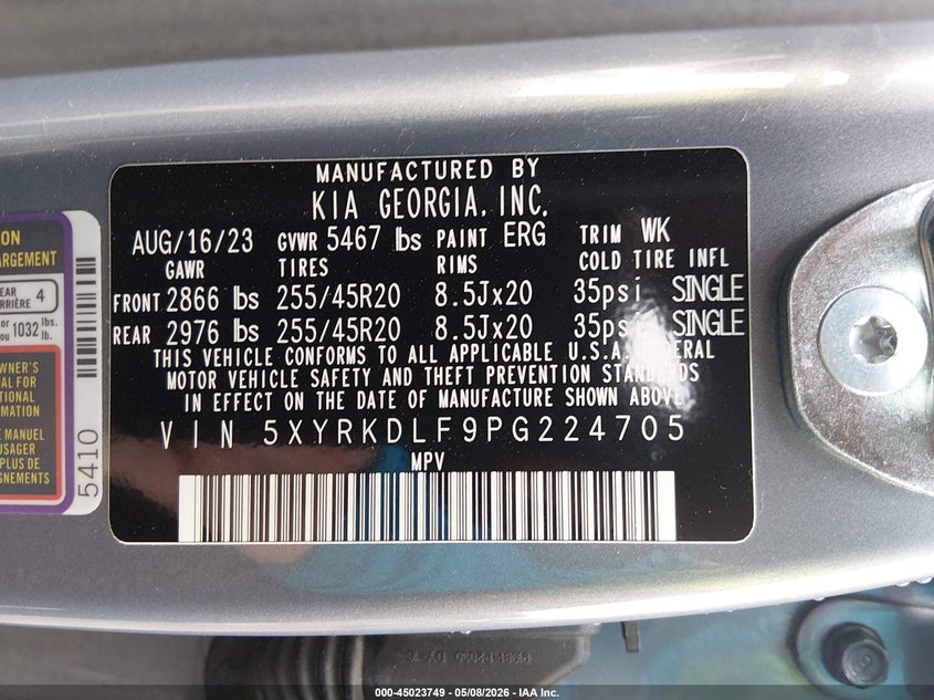 2023 Kia Sorento VIN 5XYRKDLF9PG224705 IAAI salvage auction — REAR END, Original (Texas), sold $10,200 on 2026-07-21 (photo 9)
