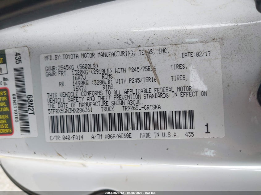 2017 Toyota Tacoma VIN 5TFRX5GN3HX086361 IAAI salvage auction — FRONT END, Salvage (Pennsylvania), sold $3,850 on 2026-07-10 (photo 9)