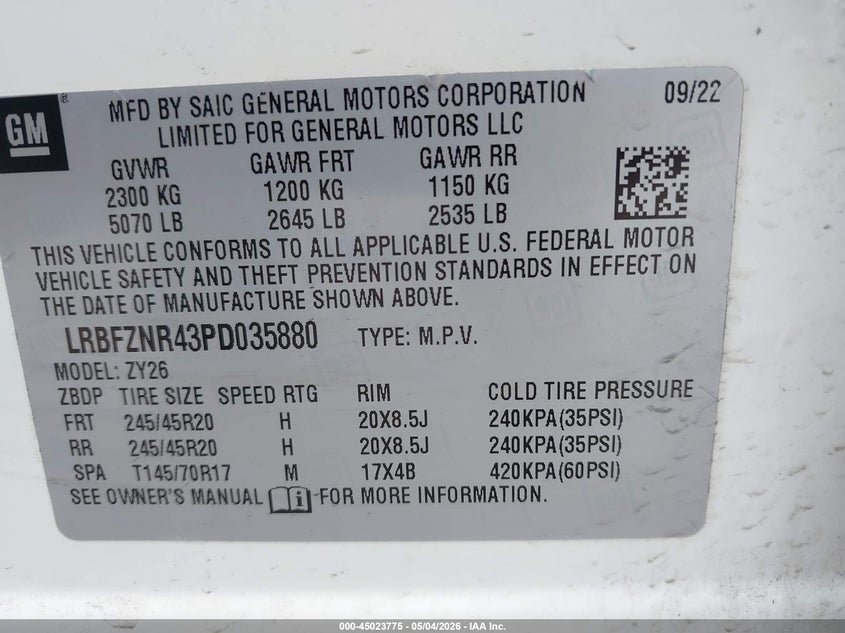 2023 Buick Envision VIN LRBFZNR43PD035880 IAAI salvage auction — FRONT END, Original (Texas), sold $4,500 on 2026-09-07 (photo 9)