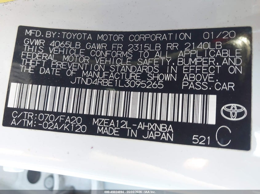 2020 Toyota Corolla VIN JTND4RBE1L3095265 IAAI salvage auction — FRONT END, Salvage (Georgia), sold $3,350 on 2026-07-29 (photo 9)