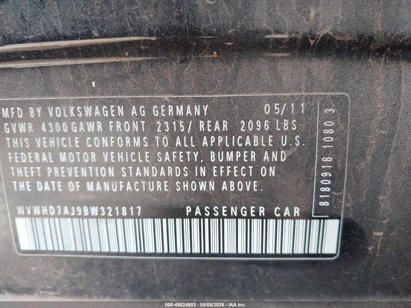 2011 Volkswagen Gti VIN WVWHD7AJ9BW321817 IAAI salvage auction — NORMAL WEAR, Clear (Oklahoma), sold $1,700 on 2026-07-29 (photo 9)