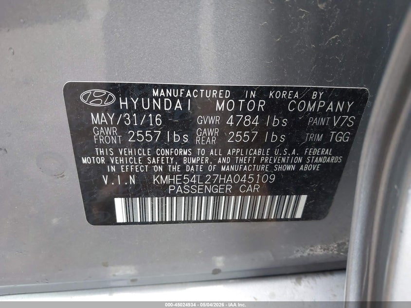 2017 Hyundai Sonata VIN KMHE54L27HA045109 IAAI salvage auction — FRONT END, Clear (Indiana), sold $475 on 2026-07-22 (photo 9)