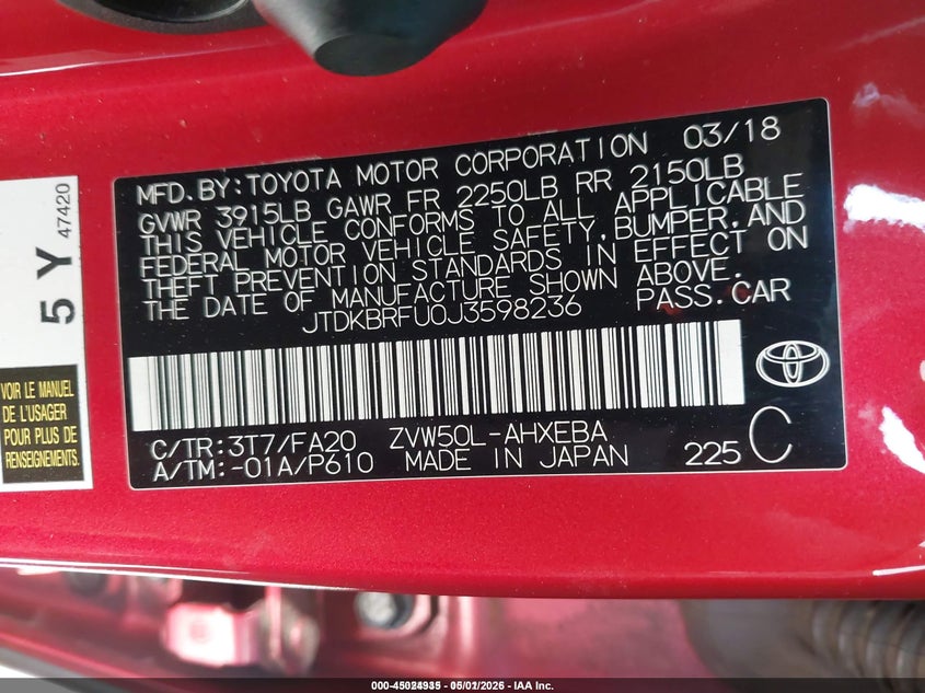 2018 Toyota Prius VIN JTDKBRFU0J3598236 IAAI salvage auction — FRONT END, Salvage (California), sold $25 on 2026-07-22 (photo 9)
