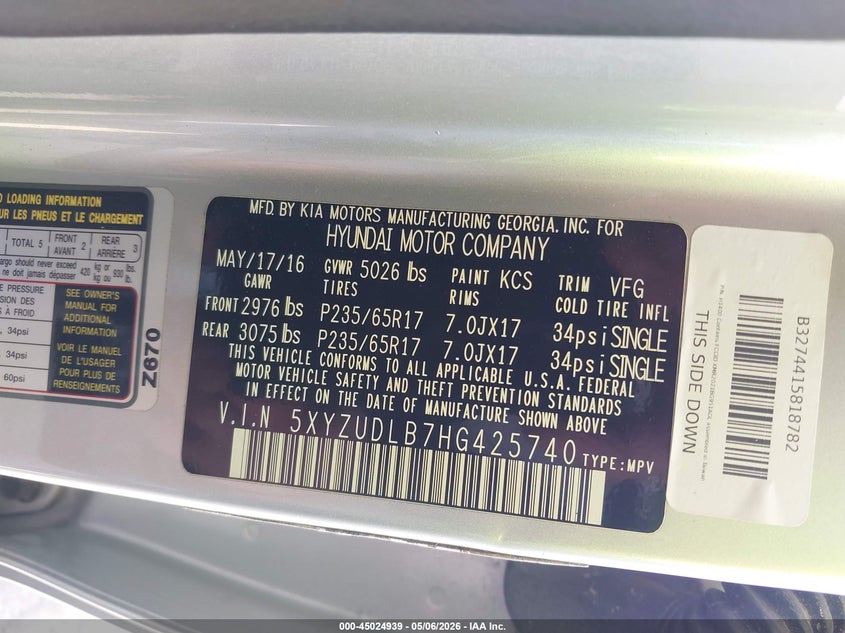2017 Hyundai Santa fe VIN 5XYZUDLB7HG425740 IAAI salvage auction — REAR END, Salvage (Illinois), sold $3,200 on 2026-07-13 (photo 9)