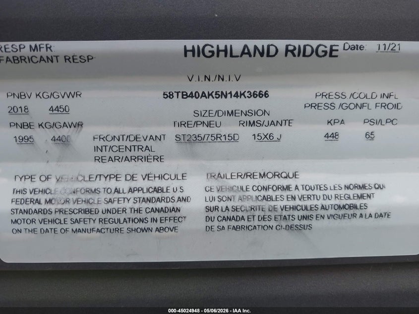 2022 Highland ridge Olympia VIN 58TB40AK5N14K3666 IAAI salvage auction — HAIL, Original (Texas), sold $1,150 on 2026-07-28 (photo 9)