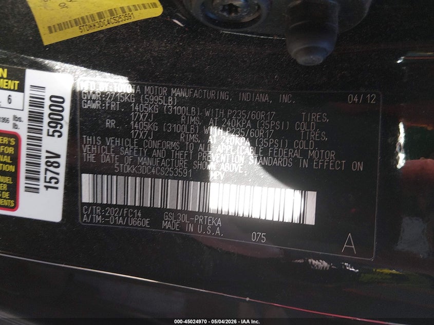 2012 Toyota Sienna VIN 5TDKK3DC4CS253591 IAAI salvage auction — FRONT END, Salvage (Rhode Island), sold $2,225 on 2026-07-07 (photo 9)