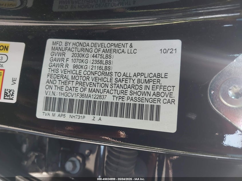 2021 Honda Accord VIN 1HGCV1F36MA122837 IAAI salvage auction — FRONT END, Salvage Title, sold $3,000 on 2026-08-08 (photo 9)