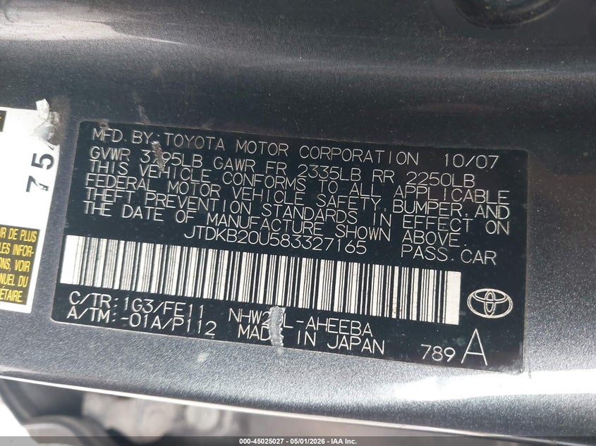 2008 Toyota Prius VIN JTDKB20U583327165 IAAI salvage auction — NORMAL WEAR, Salvage (Texas), sold $400 on 2026-07-29 (photo 9)