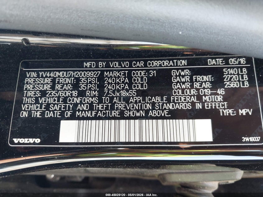 2017 Volvo Xc60 VIN YV440MDU7H2009927 IAAI salvage auction — RIGHT SIDE, Salvage Title, sold $600 on 2026-08-19 (photo 9)