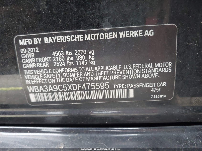 2013 BMW 3er VIN WBA3A9C5XDF475595 IAAI salvage auction — LEFT FRONT, Salvage (Texas), sold $1,550 on 2026-08-05 (photo 9)