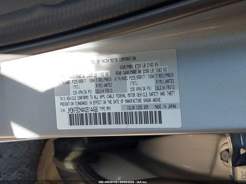 2022 Mazda Cx-5 VIN JM3KFBCM4N0614498 IAAI salvage auction — BIO HAZARD, Mv-907A (New York), sold $2,550 on 2026-07-21 (photo 9)