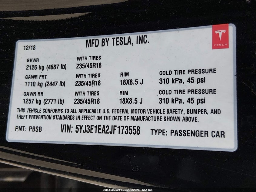 2018 Tesla Model 3 VIN 5YJ3E1EA2JF173558 IAAI salvage auction — REAR END, Salvage (Texas), sold $2,000 on 2026-07-15 (photo 9)