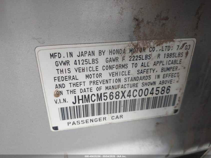 2004 Honda Accord VIN JHMCM568X4C004586 IAAI salvage auction — FRONT END, Salvage (Arizona), sold $325 on 2026-07-07 (photo 9)