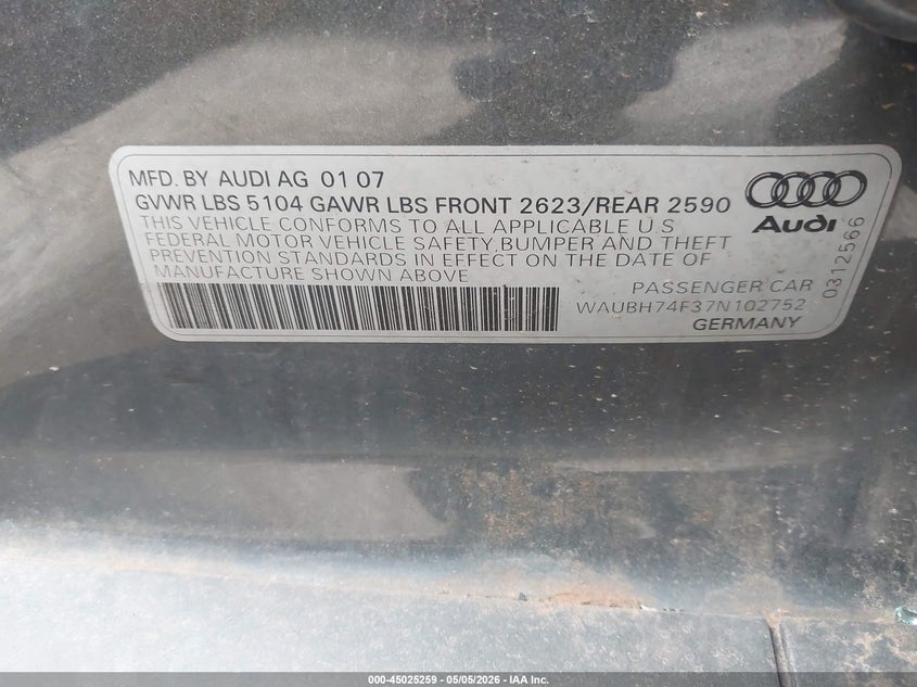 2007 Audi A6 VIN WAUBH74F37N102752 IAAI salvage auction — SIDE, Clear (Oklahoma), sold $125 on 2026-07-22 (photo 9)
