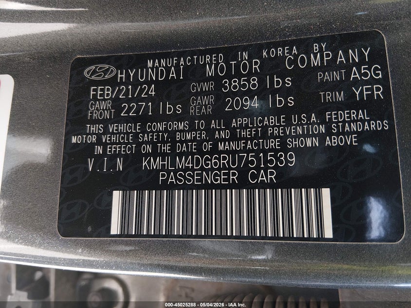 2024 Hyundai Elantra VIN KMHLM4DG6RU751539 IAAI salvage auction — RIGHT SIDE, Salvage (Texas), sold $5,600 on 2026-07-15 (photo 9)