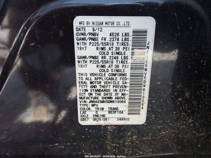 2013 Nissan Rogue VIN JN8AS5MV5DW610064 IAAI salvage auction — ROOF, Salvage (Alabama), sold $25 on 2026-07-06 (photo 9)