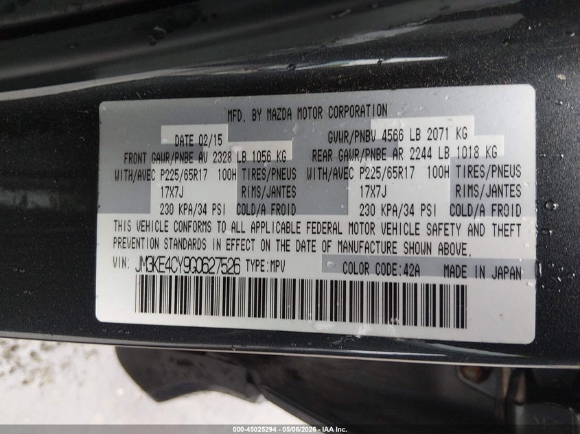 2016 Mazda Cx-5 VIN JM3KE4CY9G0627526 IAAI salvage auction — EXTERIOR BURN, Salvage (Connecticut), sold $1,550 on 2026-07-16 (photo 9)