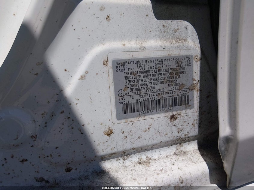 2019 Nissan Sentra VIN 3N1AB7AP2KY240567 IAAI salvage auction — FRONT END, Rebuildable (Florida), sold $1,175 on 2026-09-08 (photo 9)