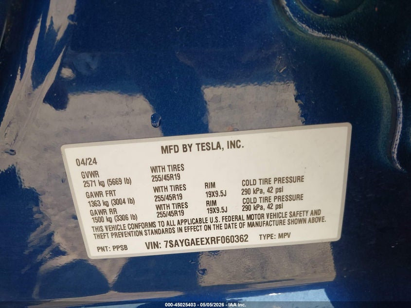 2024 Tesla Model y VIN 7SAYGAEEXRF060362 IAAI salvage auction — FRONT END, Salvage - 75% Or Less (Maryland), sold $14,500 on 2026-07-08 (photo 9)
