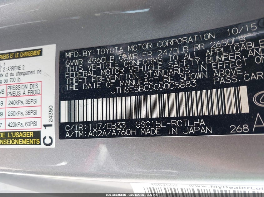 2016 Lexus Rc VIN JTHSE5BC5G5005883 IAAI salvage auction — FRONT & REAR, Salvage (Idaho), sold $8,800 on 2026-07-17 (photo 9)
