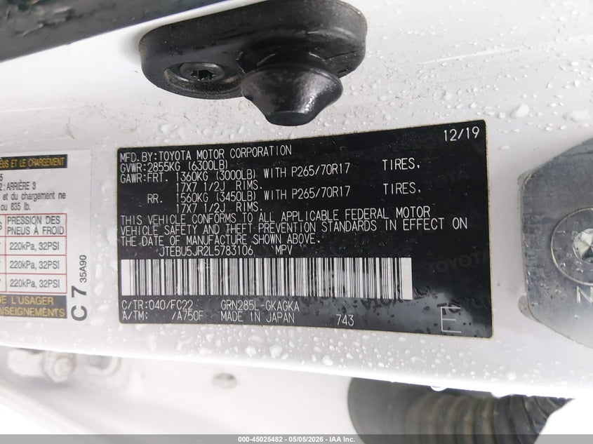 2020 Toyota 4runner VIN JTEBU5JR2L5783106 IAAI salvage auction — LEFT & RIGHT, Salvage (Colorado), sold $5,600 on 2026-07-28 (photo 9)