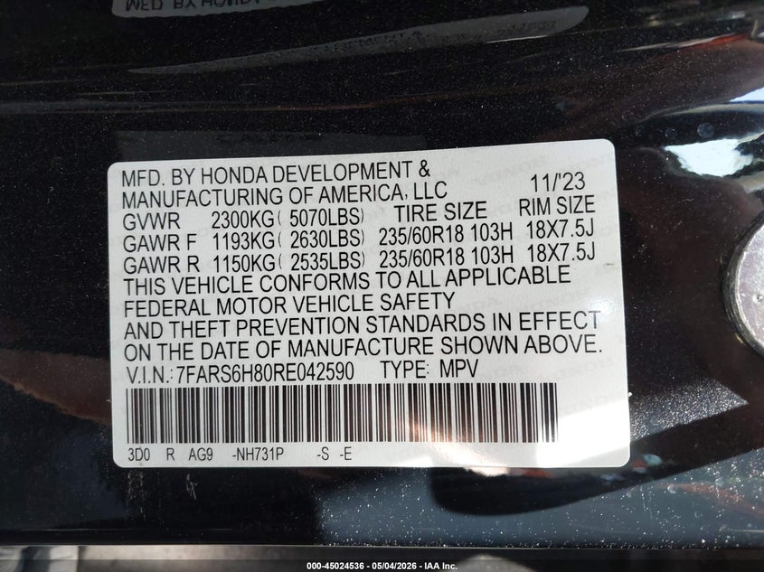 2024 Honda Cr-v VIN 7FARS6H80RE042590 IAAI salvage auction — FRONT END, Original (Texas), sold $9,850 on 2026-07-21 (photo 9)