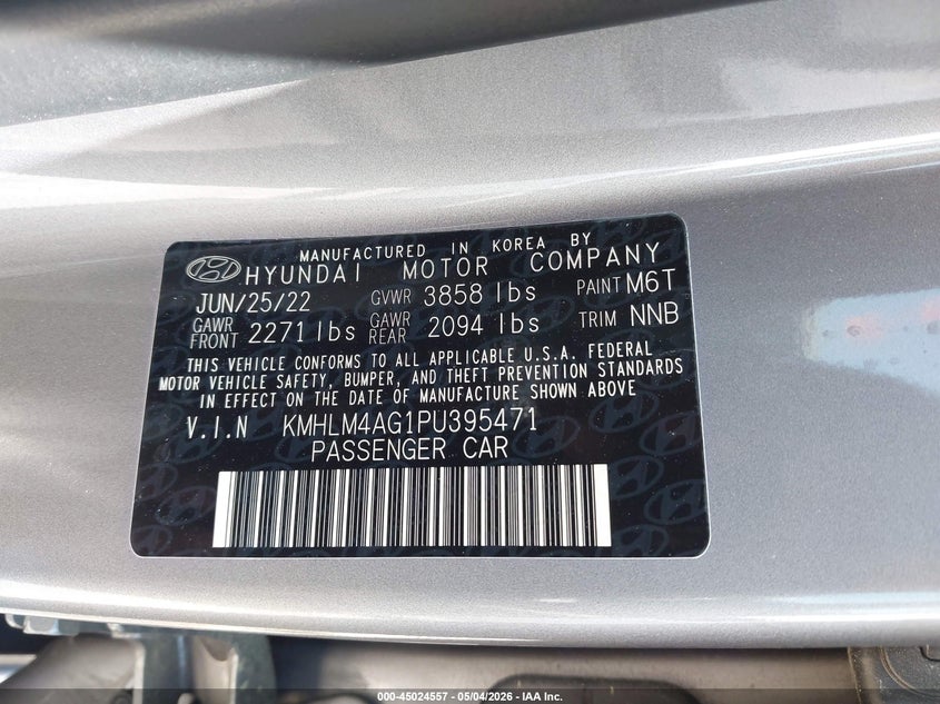 2023 Hyundai Elantra VIN KMHLM4AG1PU395471 IAAI salvage auction — REAR END, Salvage Title, sold $5,800 on 2026-07-08 (photo 9)