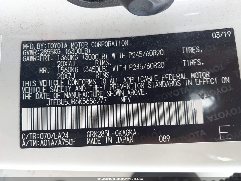 2019 Toyota 4runner VIN JTEBU5JR6K5686277 IAAI salvage auction — REAR END, Salvage (California), sold $17,200 on 2026-07-10 (photo 9)