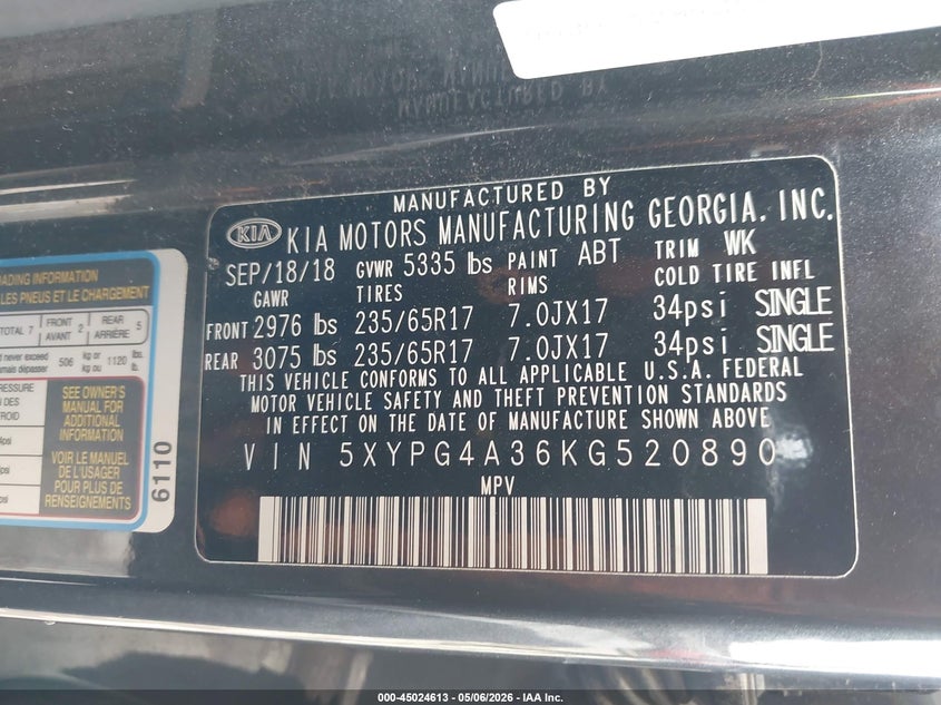 2019 Kia Sorento VIN 5XYPG4A36KG520890 IAAI salvage auction — LEFT REAR, Clear (Oklahoma), sold $3,350 on 2026-07-15 (photo 9)
