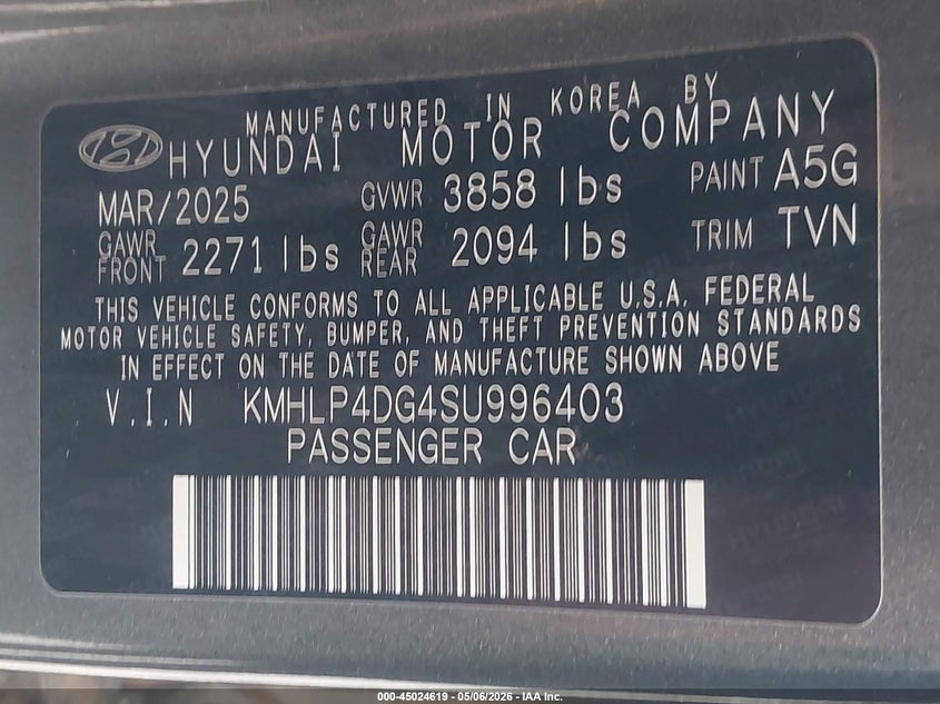 2025 Hyundai Elantra VIN KMHLP4DG4SU996403 IAAI salvage auction — LEFT FRONT, Salvage (Georgia), sold $6,700 on 2026-07-20 (photo 9)