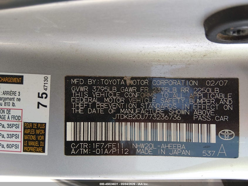 2007 Toyota Prius VIN JTDKB20U773236736 IAAI salvage auction — NORMAL WEAR, Clear (Texas), sold $325 on 2026-07-30 (photo 9)