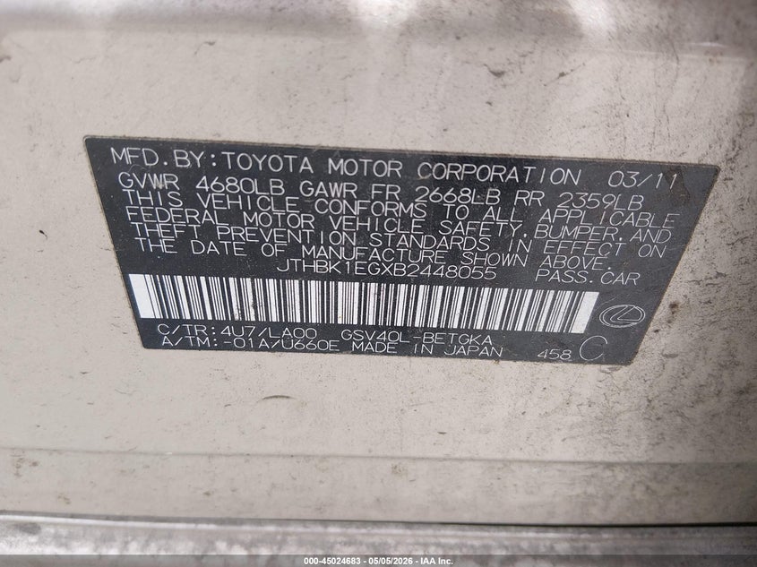 2011 Lexus ES VIN JTHBK1EGXB2448055 IAAI salvage auction — FRONT & REAR, Salvage (Kentucky), sold $725 on 2026-07-31 (photo 9)