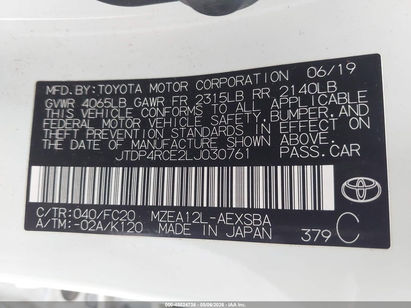 2020 Toyota Corolla VIN JTDP4RCE2LJ030761 IAAI salvage auction — FRONT END, Original (Texas), sold $5,900 on 2026-07-29 (photo 9)