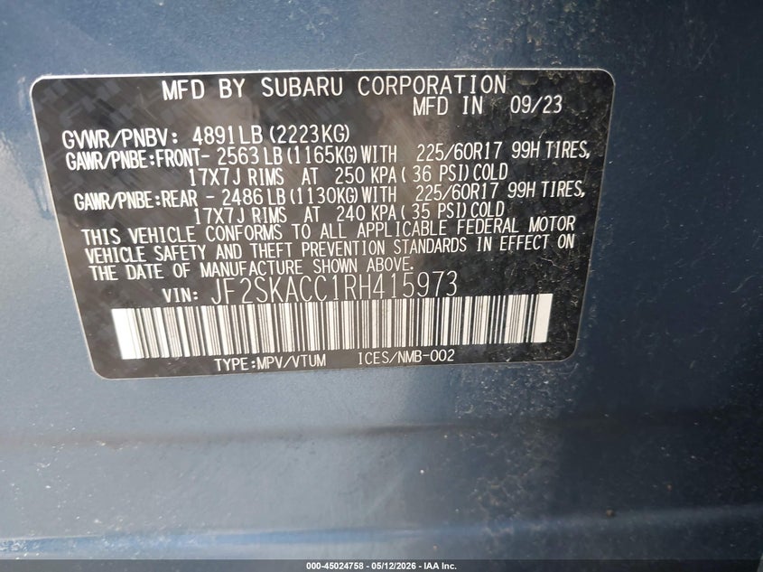 2024 Subaru Forester VIN JF2SKACC1RH415973 IAAI salvage auction — HAIL, Salvage (Ohio), sold $5,600 on 2026-07-28 (photo 9)