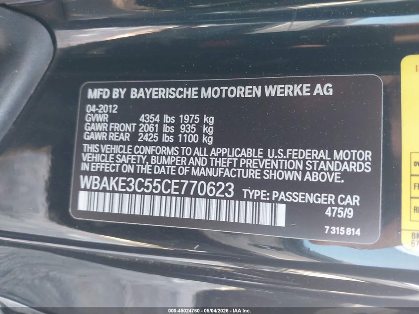 2012 BMW 3er VIN WBAKE3C55CE770623 IAAI salvage auction — FRONT & REAR, Clear (Tennessee), sold $700 on 2026-07-06 (photo 9)
