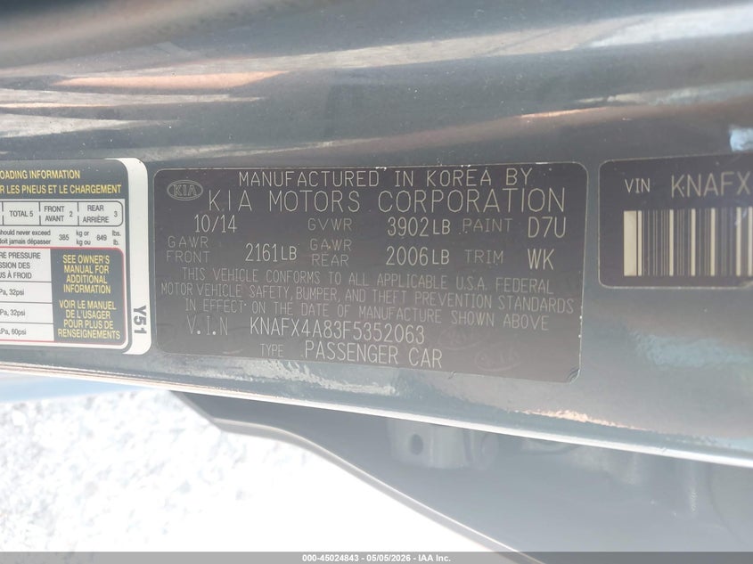 2015 Kia Forte VIN KNAFX4A83F5352063 IAAI salvage auction — FRONT END, Rebuildable (Florida), sold $25 on 2026-07-30 (photo 9)