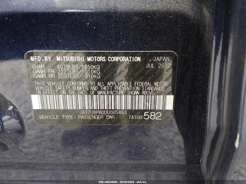 2013 Mitsubishi Lancer VIN JA32U8FW2DU005463 IAAI salvage auction — FRONT END, Salvage (Kentucky), sold $650 on 2026-07-29 (photo 9)