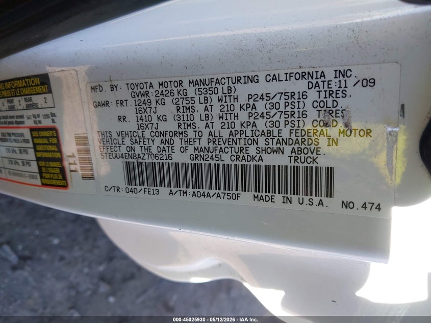 2010 Toyota Tacoma VIN 5TEUU4EN8AZ706216 IAAI salvage auction — NORMAL WEAR, Clear (Massachusetts), sold $575 on 2026-07-28 (photo 9)